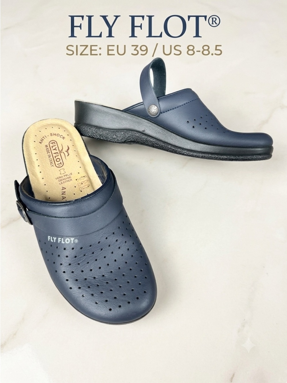 FLY FLOT Women’s Italian Navy Blue Leather Comfort Clogs‎ Mules EU 39 (US 8–8.5)